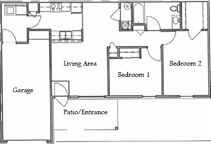 Floor plan for 2 beds, 1 bath, 1275 sqft